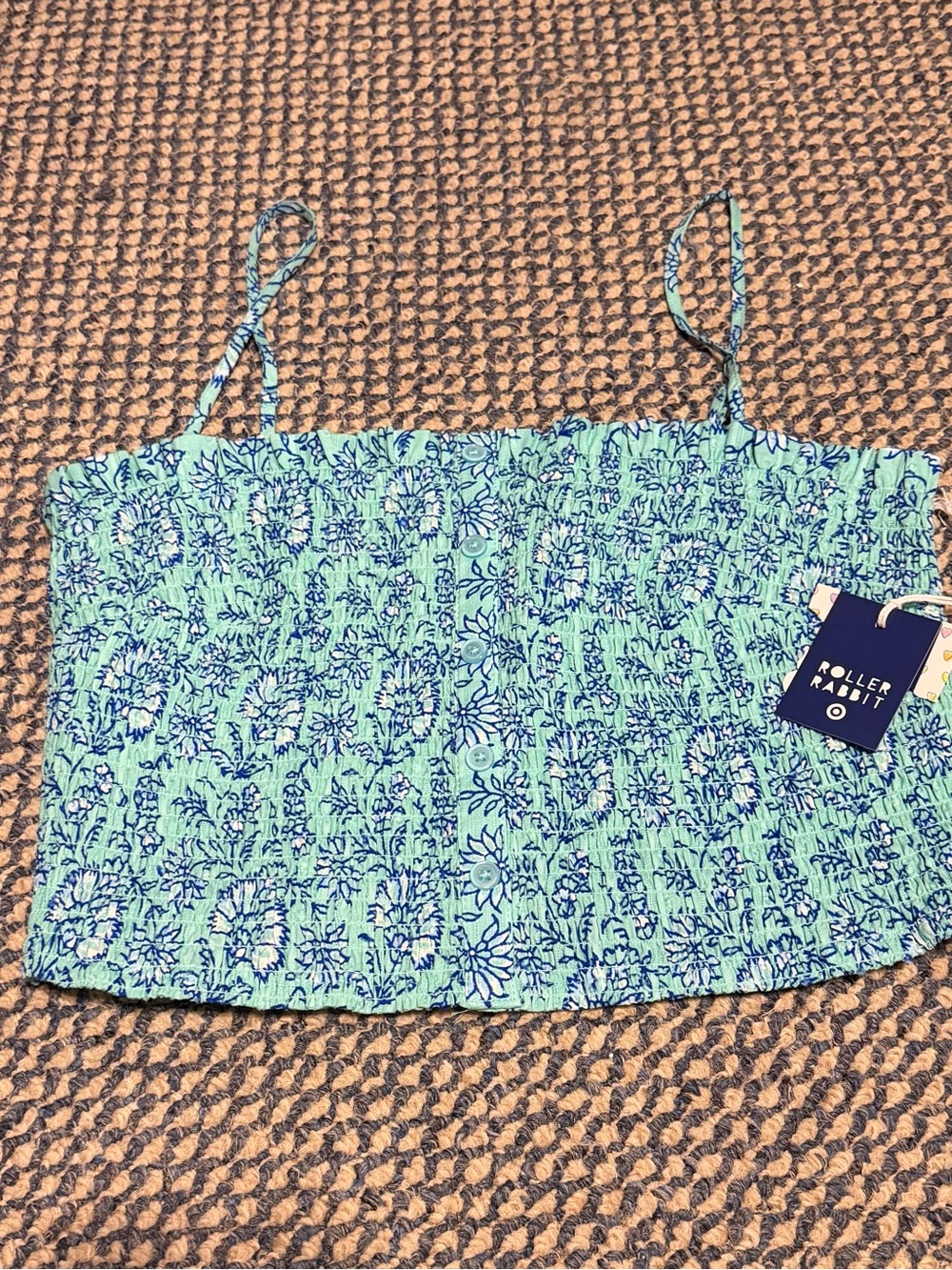 Roller Rabbit Aqua and Navy Floral Smocked Tank